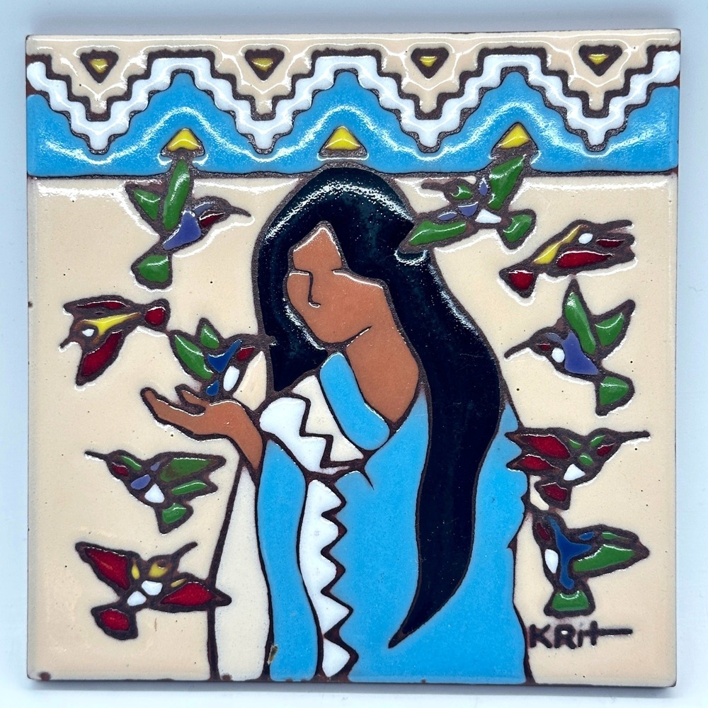 Earthtones Vintage Art Tile 6x6 Multicolor Hummingbird Woman Southwestern KRIT